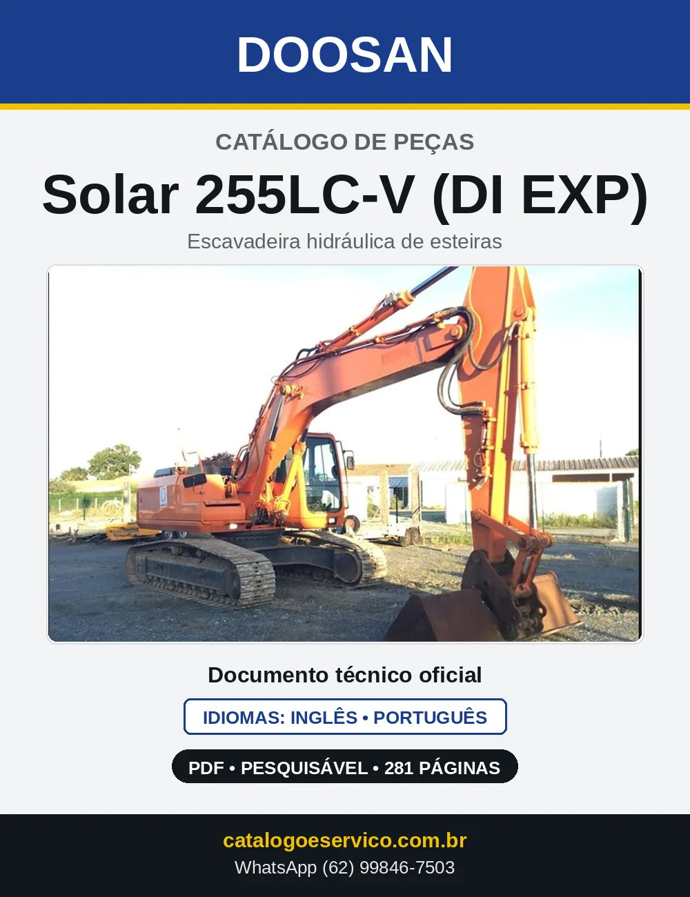 Capa do Catálogo de Peças Doosan Solar 255LC-V (DI EXP) em PDF, inglês e português