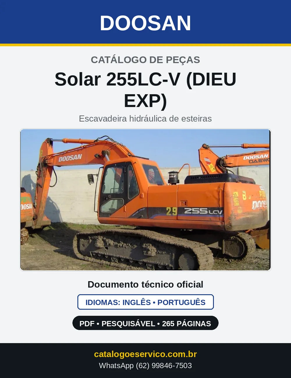 Capa do Catálogo de Peças Doosan Solar 255LC-V (DIEU EXP) em PDF, inglês e português