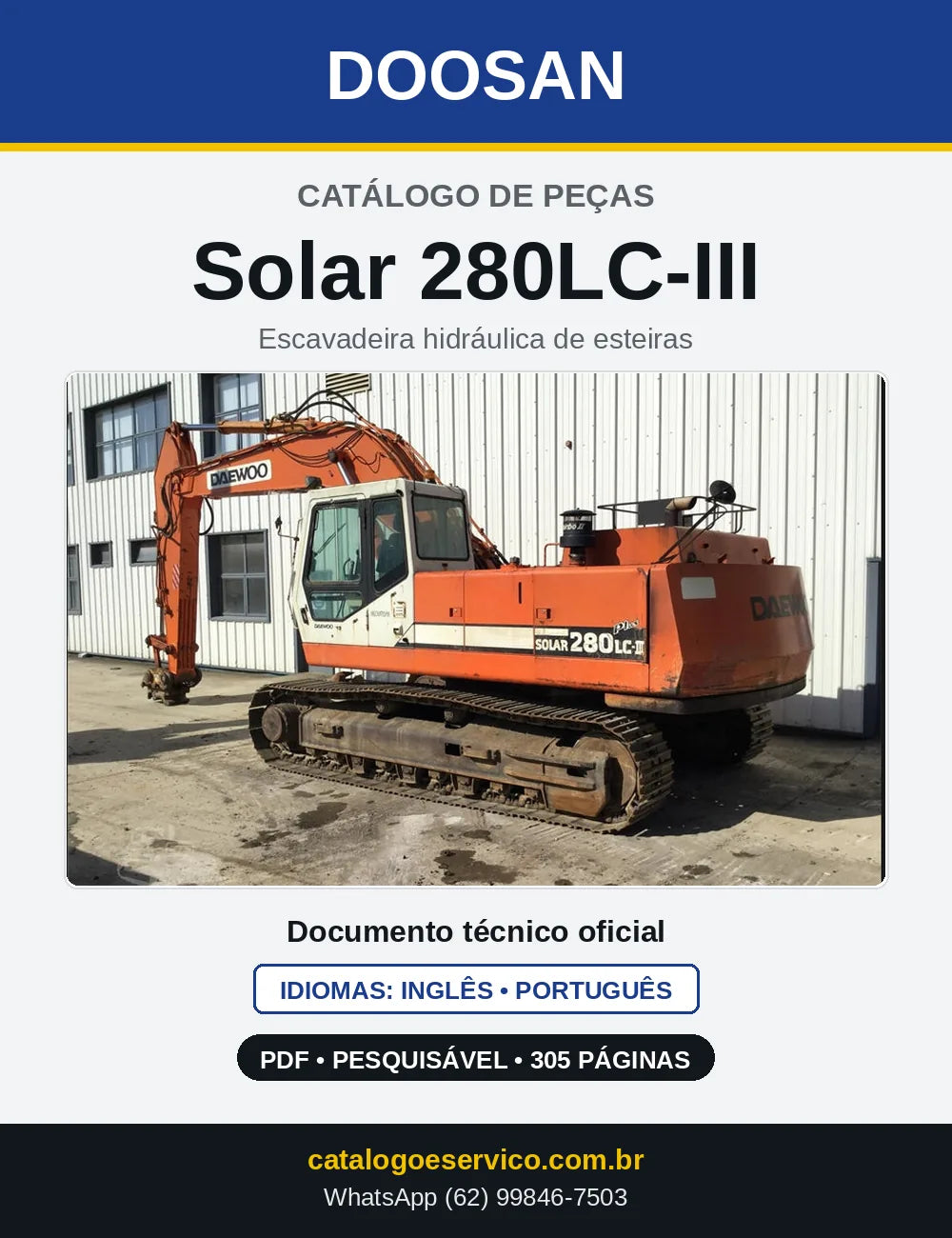Capa do Catálogo de Peças Doosan Solar 280LC-III em PDF, inglês e português