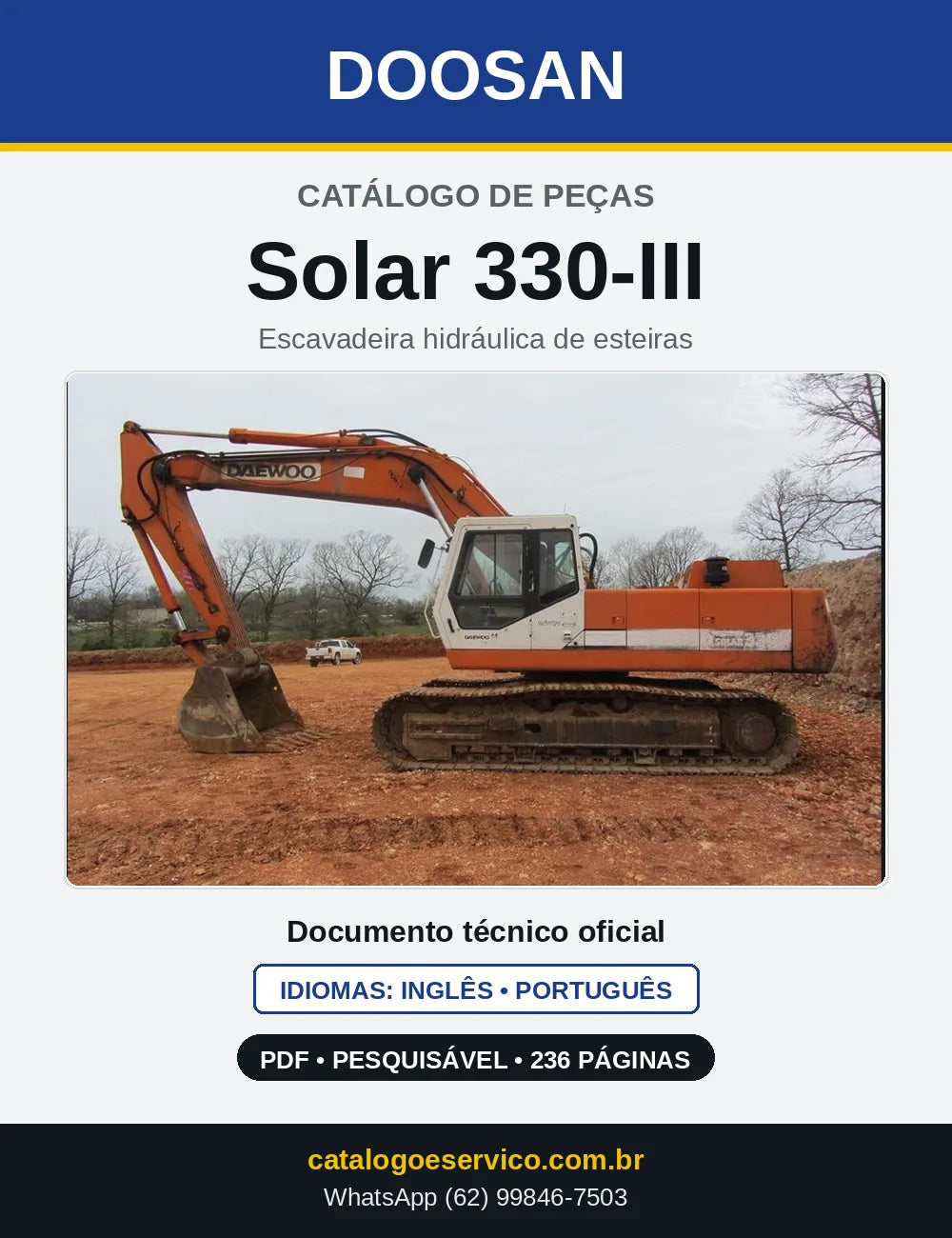Capa do Catálogo de Peças Doosan Solar 330-III em PDF, inglês e português