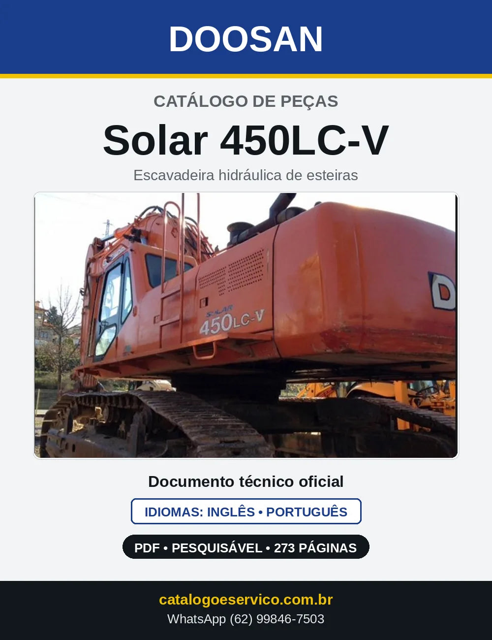 Capa do Catálogo de Peças Doosan Solar 450LC-V em PDF, inglês e português