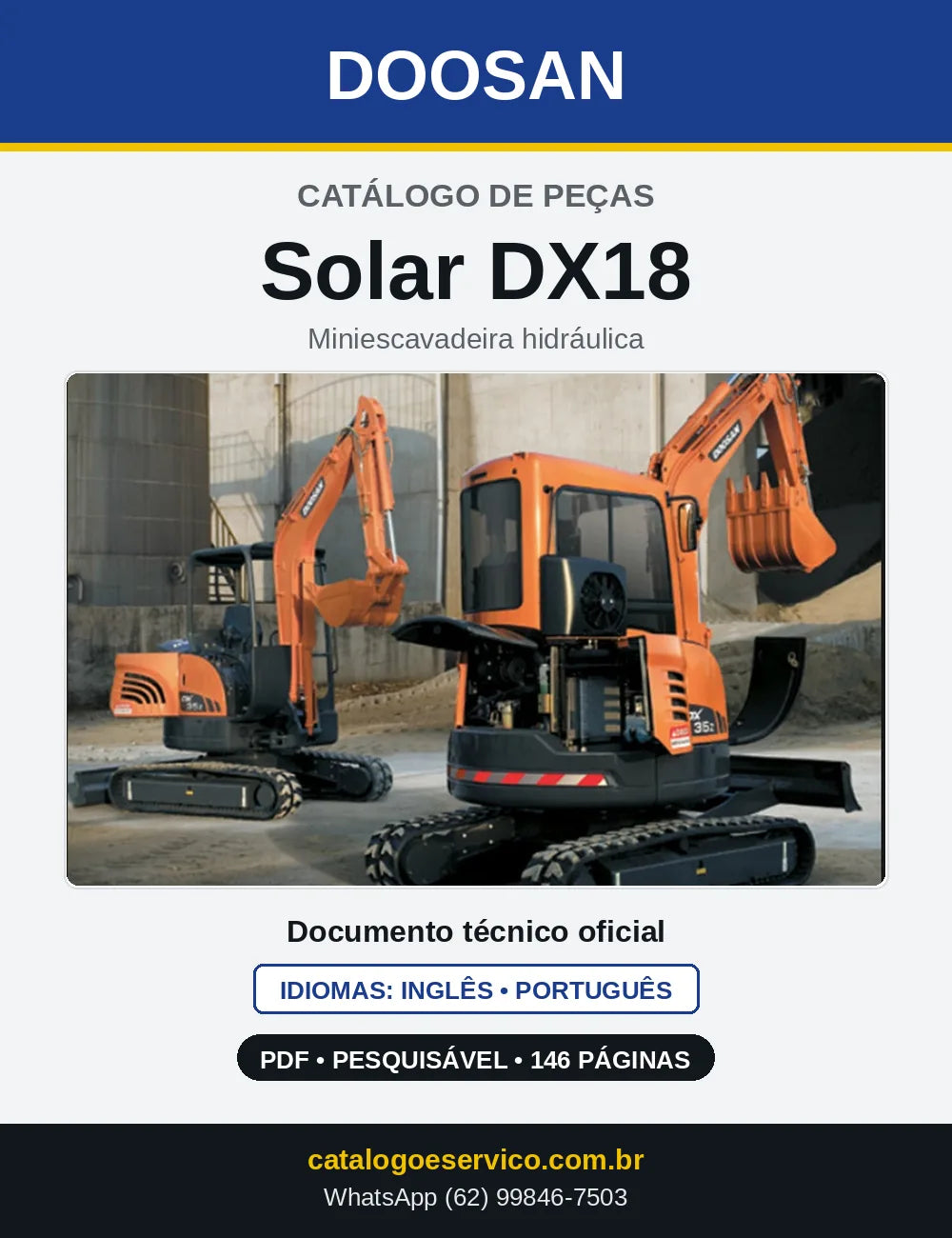 Capa do Catálogo de Peças Doosan Solar DX18 em PDF, inglês e português