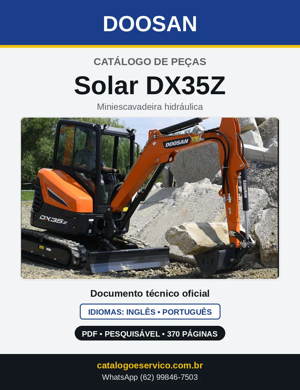Capa do Catálogo de Peças Doosan Solar DX35Z em PDF, inglês e português