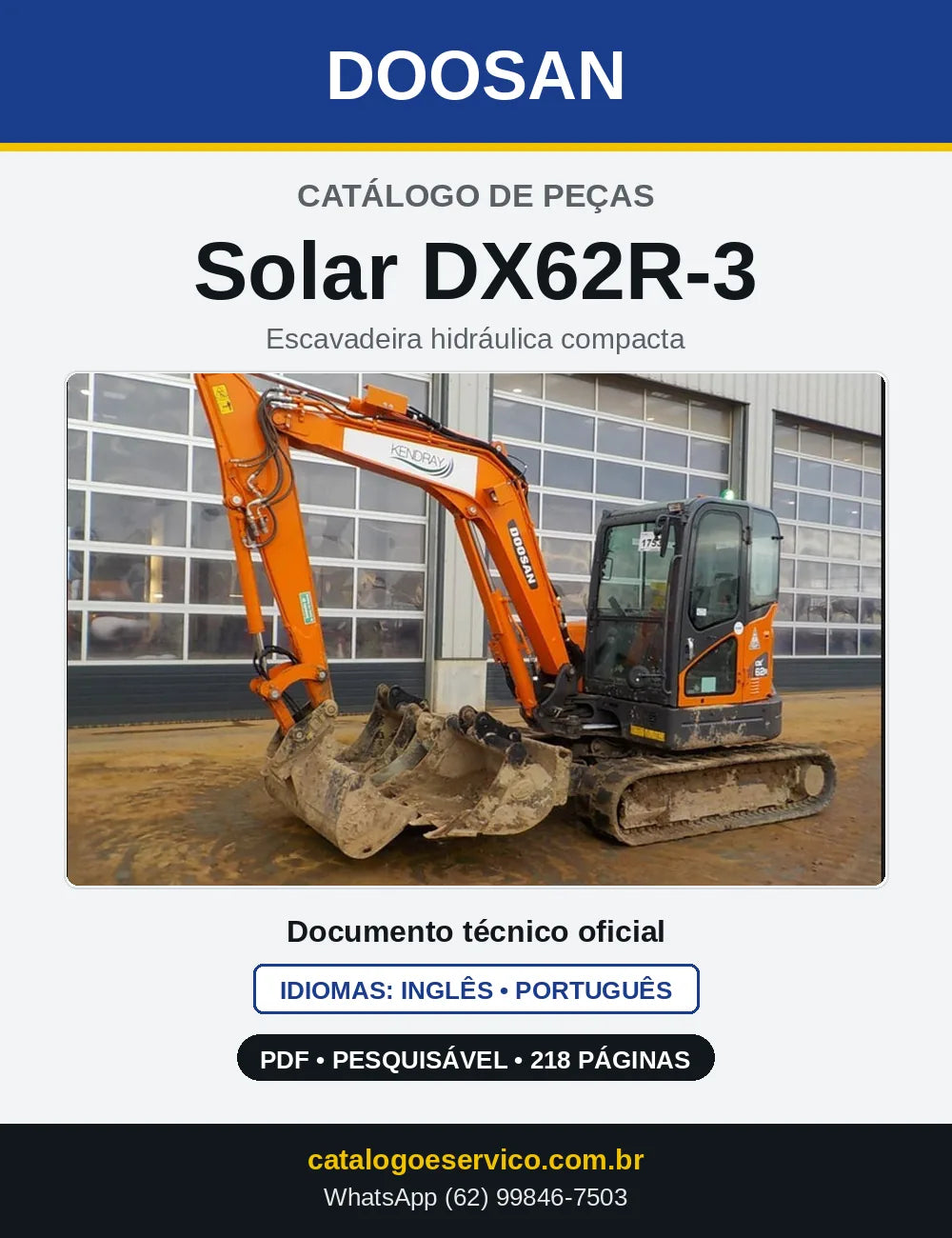 Capa do Catálogo de Peças Doosan Solar DX62R-3 em PDF, inglês e português