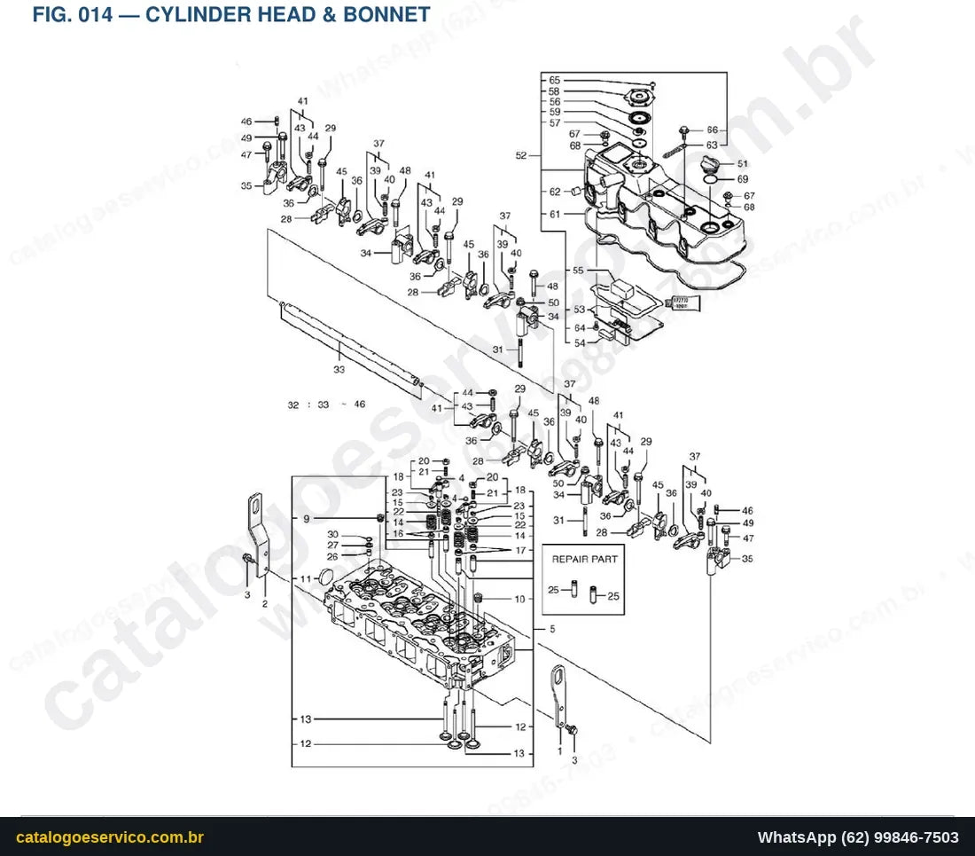 Vista explodida Cylinder Head & Bonnet - Catálogo de Peças Doosan Solar DX80R