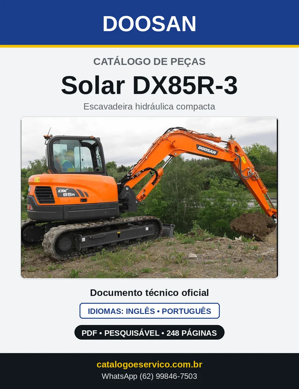 Capa do Catálogo de Peças Doosan Solar DX85R-3 em PDF, inglês e português