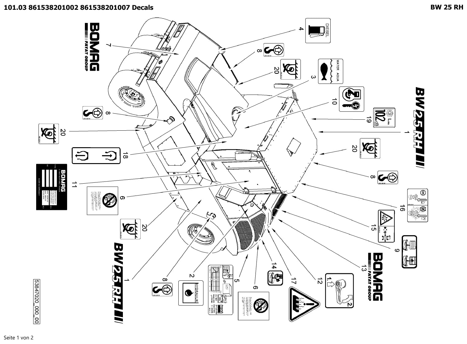 Página ilustrada do Catálogo de Peças BOMAG BW 25 RH com as posições numeradas
