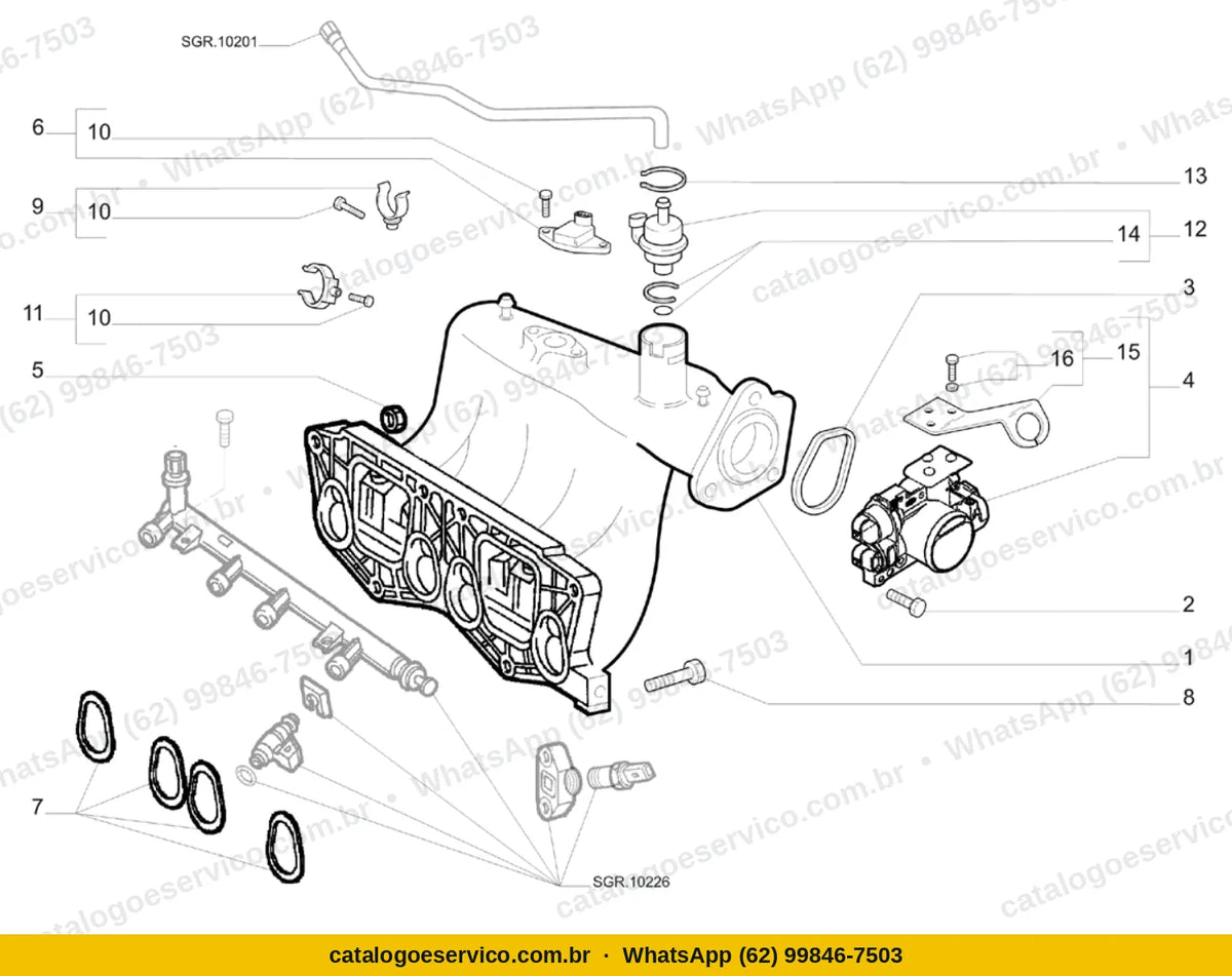 Vista explodida do Catálogo de Peças Fiat Palio ELX 1.0 Fire 8V: Coletores de admissão e escape