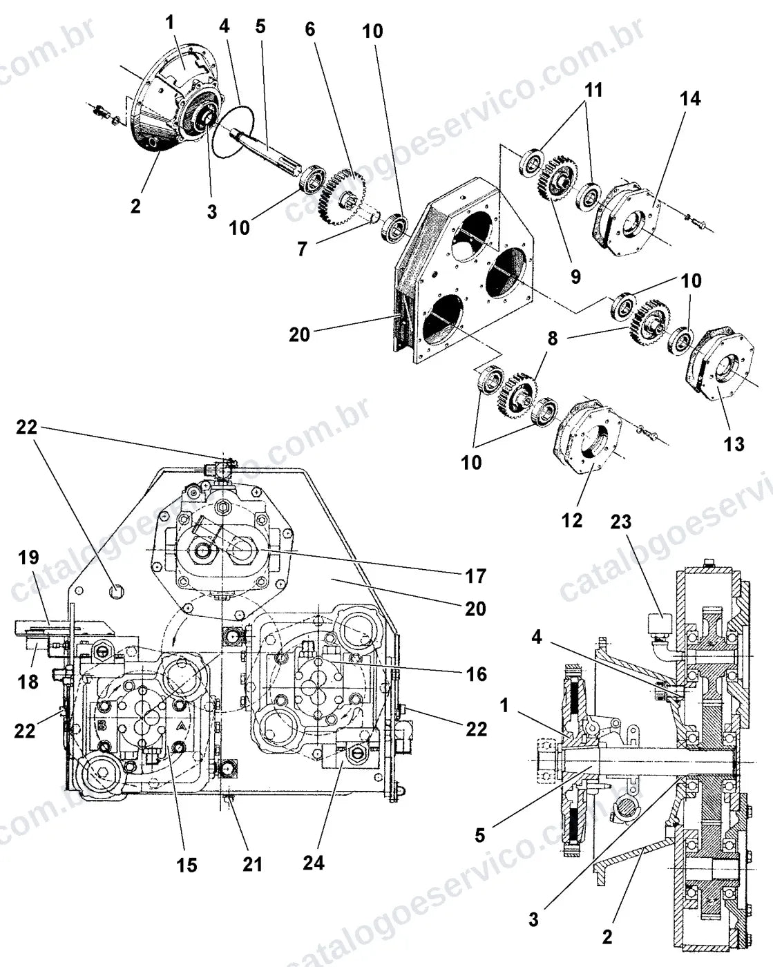Vista explodida – transmissão de força – Catálogo de Peças Volvo RW195D