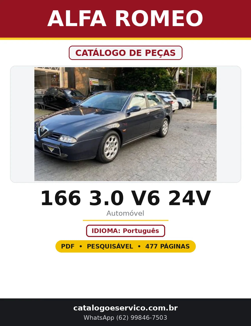Capa do Catálogo de Peças Alfa Romeo 166 3.0 V6 24V em PDF com 477 páginas