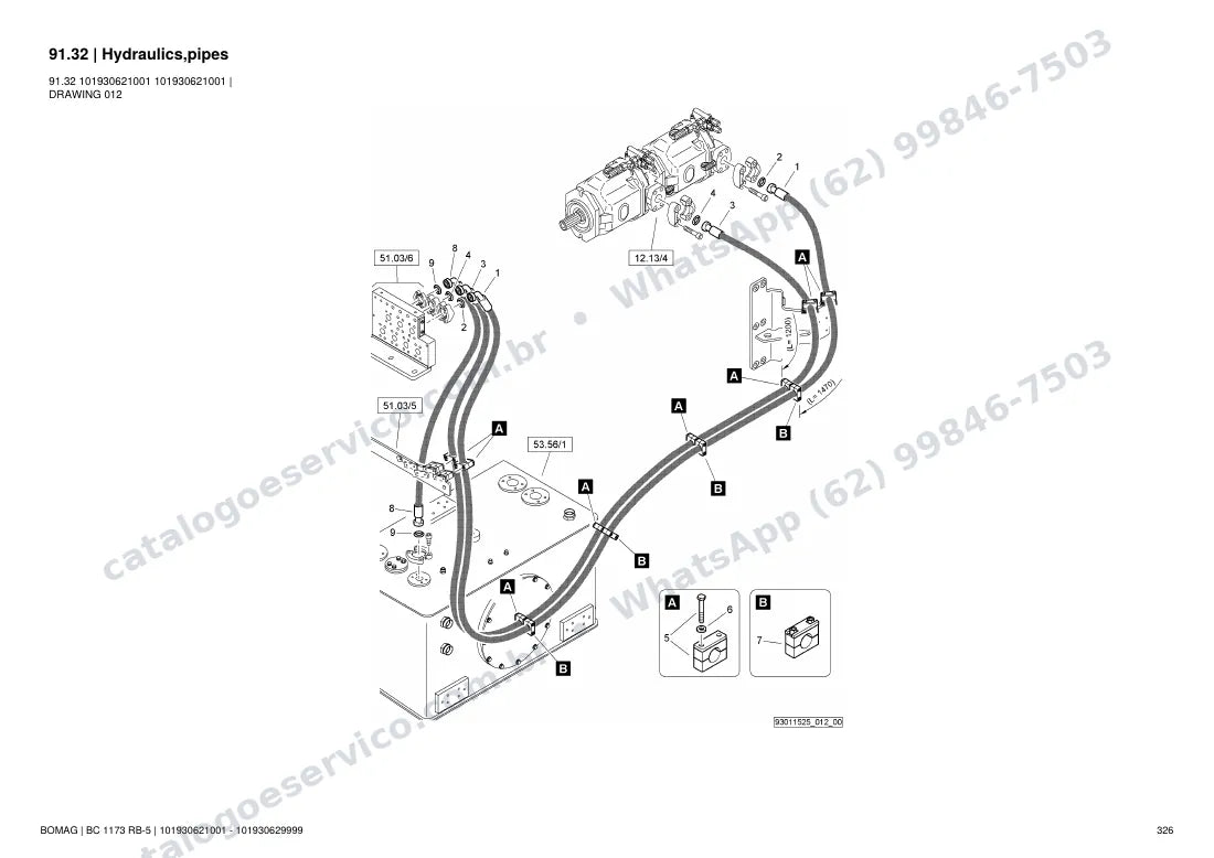 Catálogo de peças Bomag BC 1173 RB-5: vista explodida do conjunto 91.32 Hydraulics,pipes