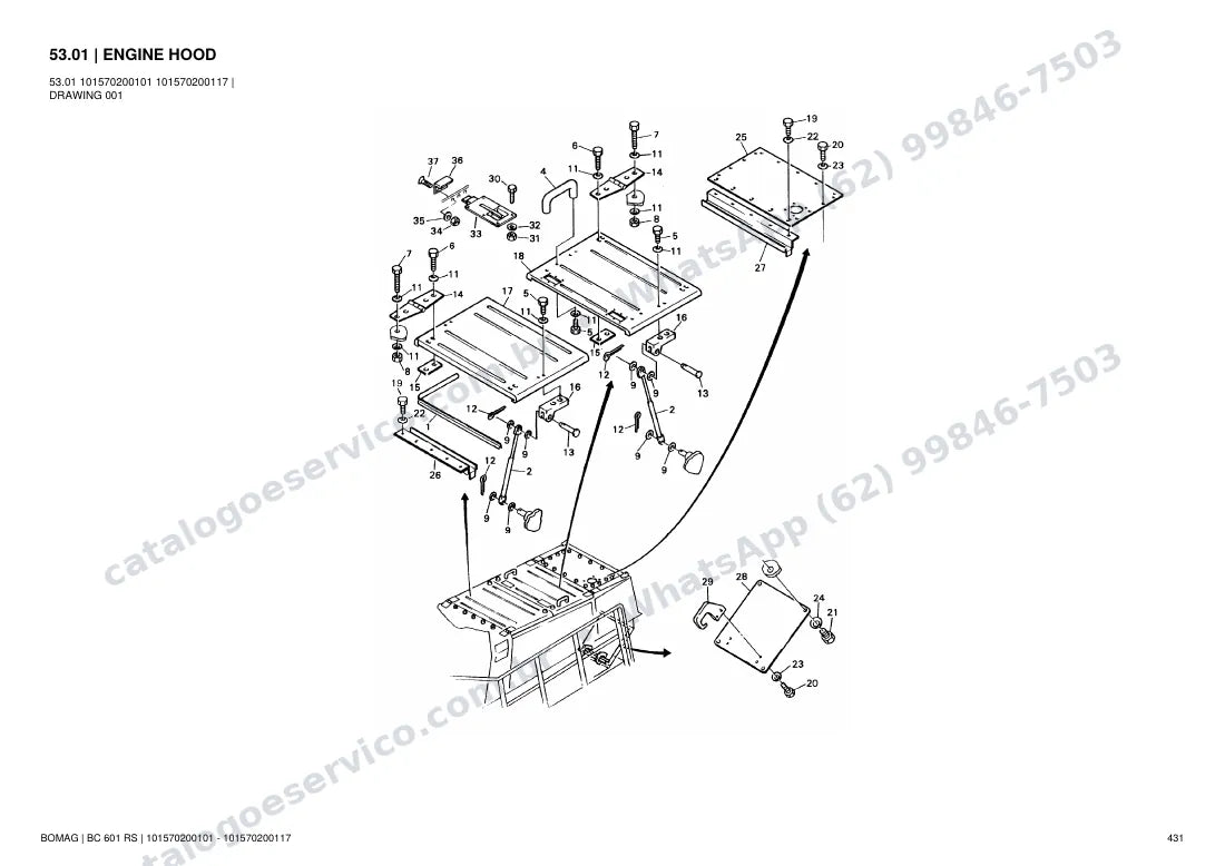 Catálogo de peças Bomag BC 601 RS: vista explodida do conjunto 53.01 ENGINE HOOD