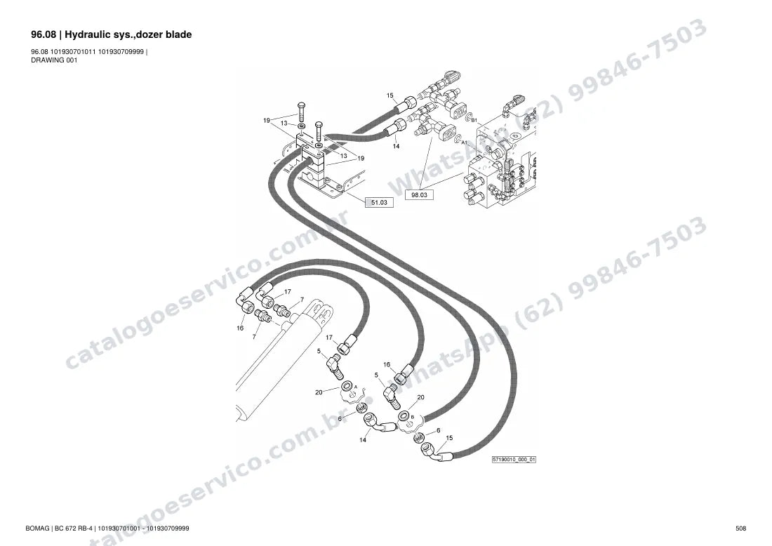 Catálogo de peças Bomag BC 672 RB-4: vista explodida do conjunto 96.08 Hydraulic sys.,dozer blade