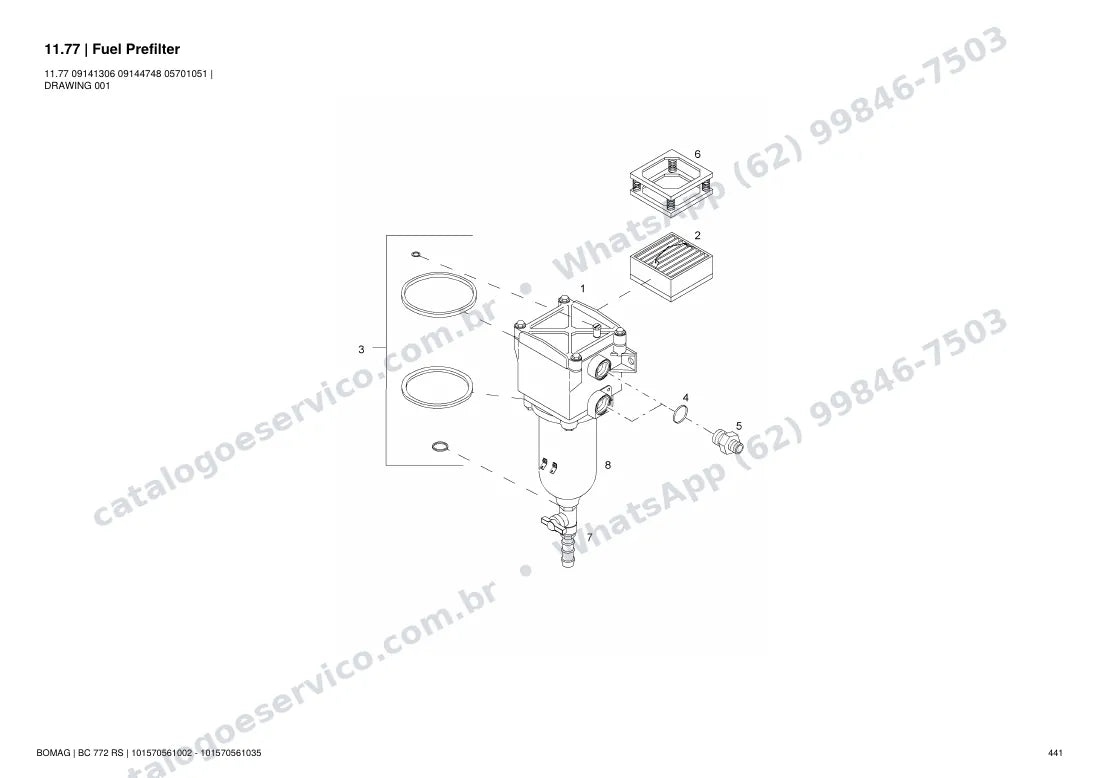 Catálogo de peças Bomag BC 772 RS: vista explodida do conjunto 11.77 Fuel Prefilter