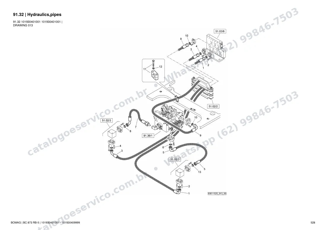 Catálogo de peças Bomag BC 873 RB-5: vista explodida do conjunto 91.32 Hydraulics,pipes