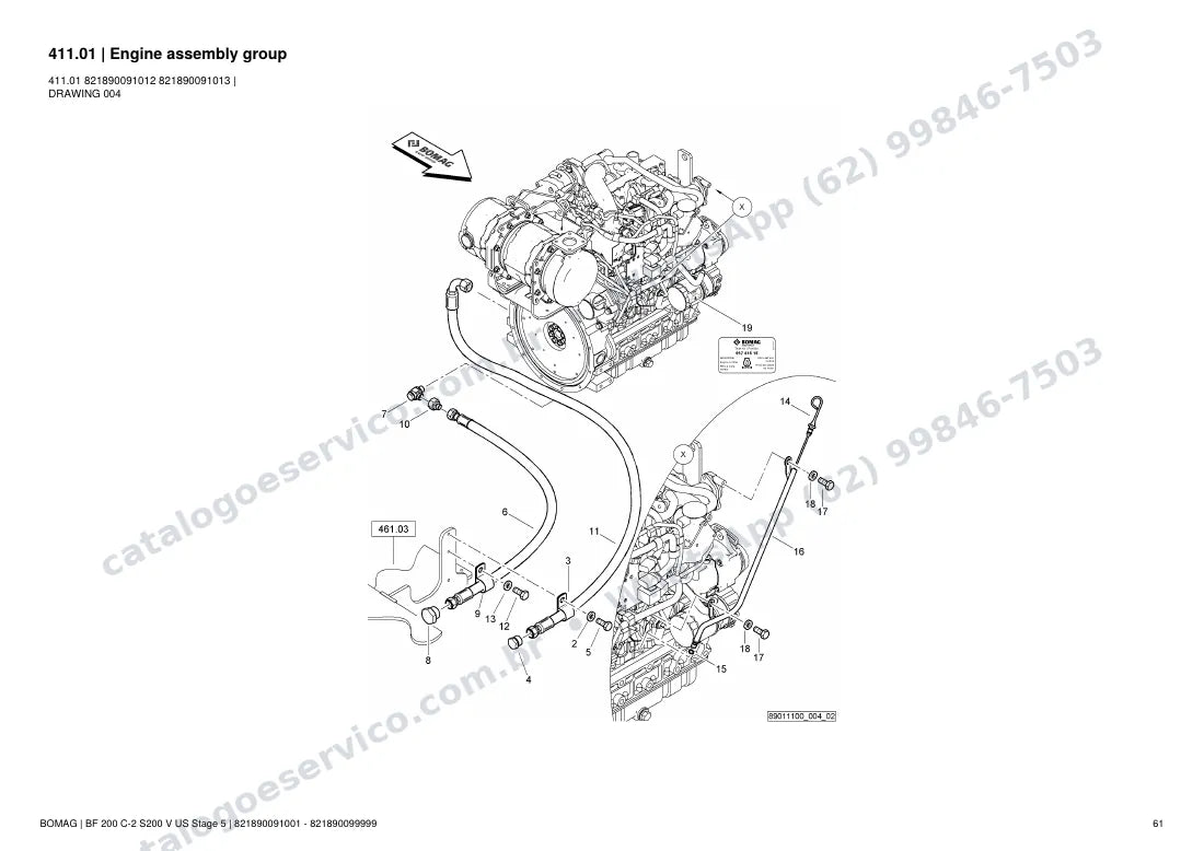 Catálogo de peças Bomag BF 200 C-2 S200 V US Stage 5: vista explodida do conjunto 411.01 Engine assembly group