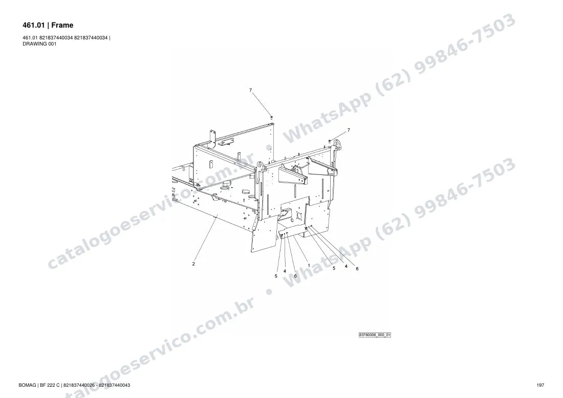 Catálogo de peças Bomag BF 222 C: vista explodida do conjunto 461.01 Frame