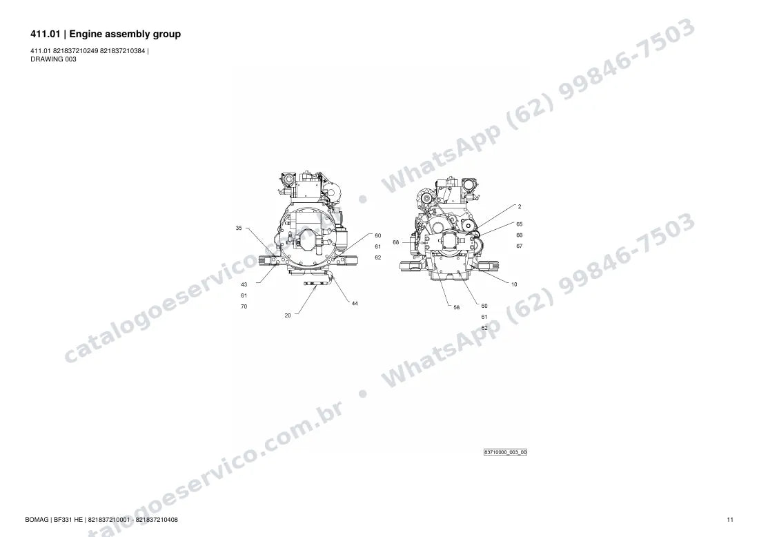 Catálogo de peças Bomag BF 331 HE: vista explodida do conjunto 411.01 Engine assembly group