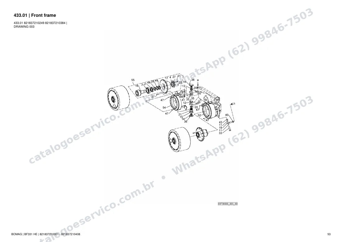 Catálogo de peças Bomag BF 331 HE: vista explodida do conjunto 433.01 Front frame