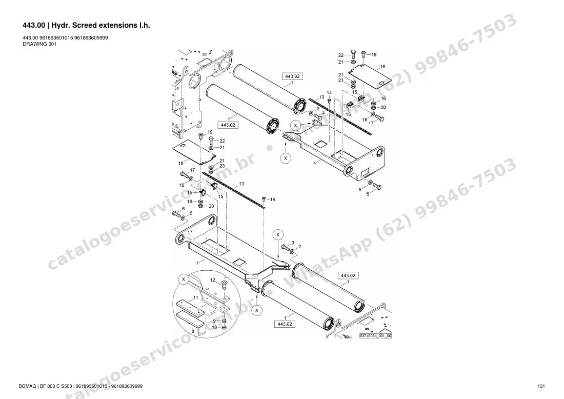 Catálogo de peças Bomag BF 800 C S500: vista explodida do conjunto 443.00 Hydr. Screed extensions l.h.