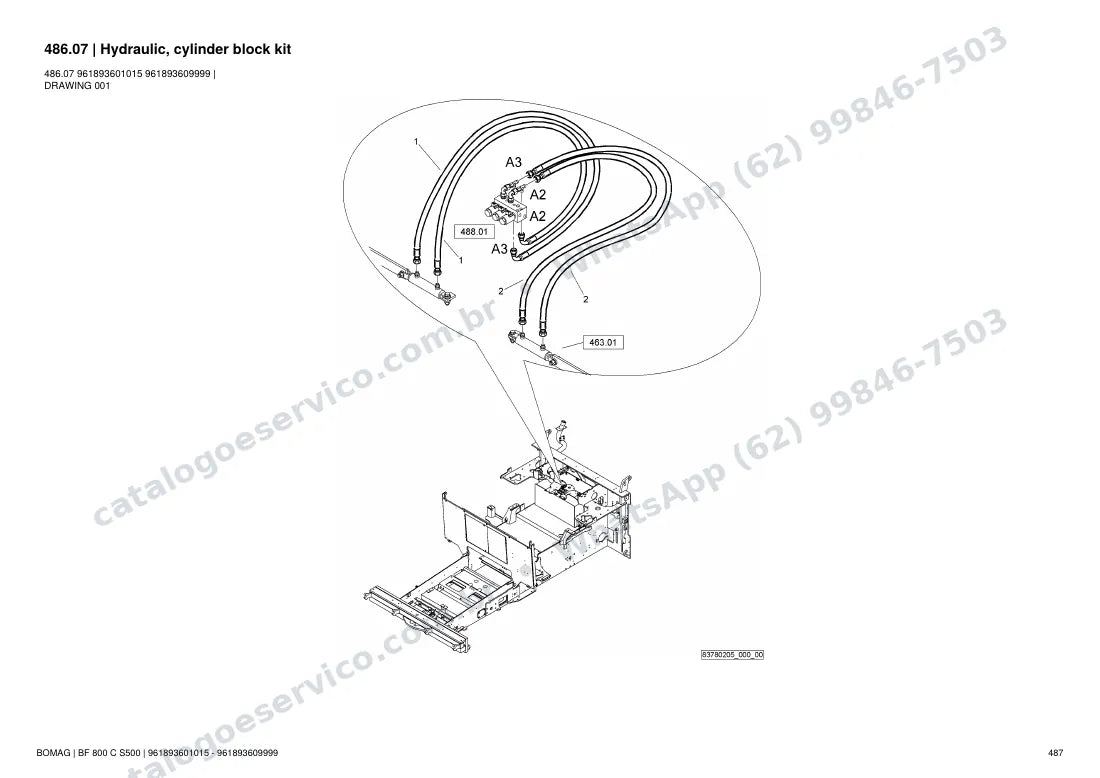 Catálogo de peças Bomag BF 800 C S500: vista explodida do conjunto 486.07 Hydraulic, cylinder block kit