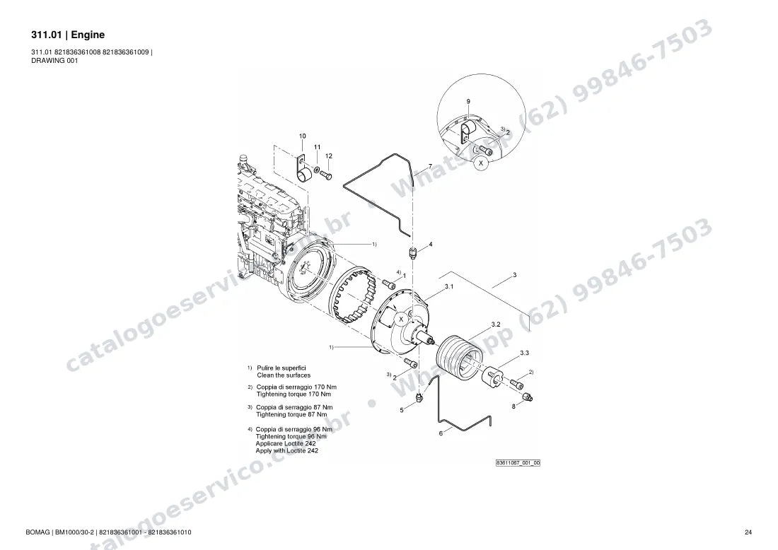 Catálogo de peças Bomag BM 1000/30-2: vista explodida do conjunto 311.01 Engine