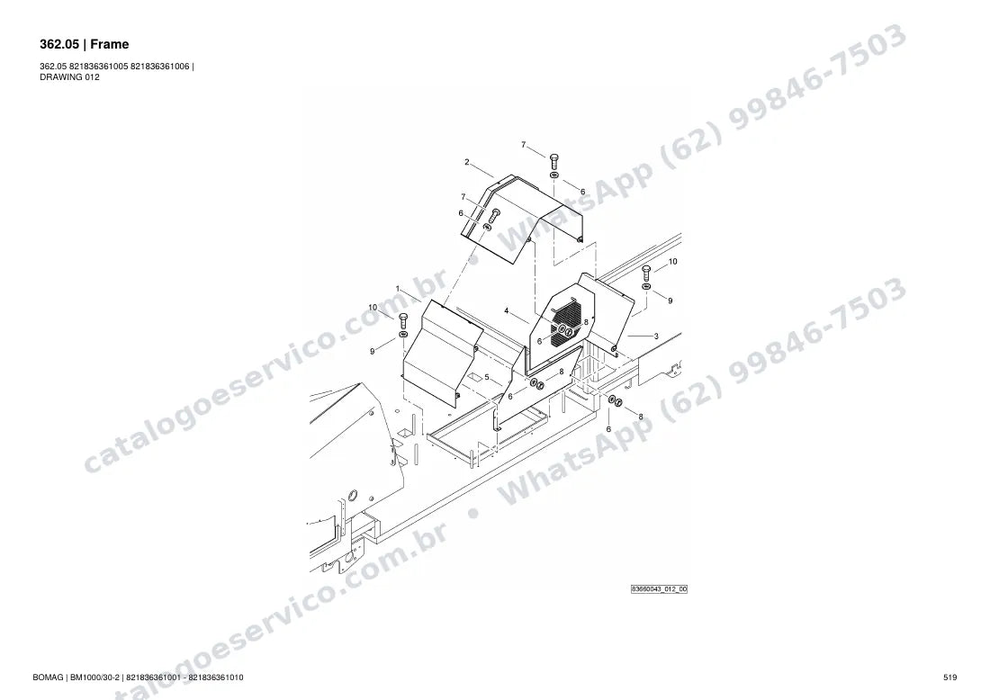 Catálogo de peças Bomag BM 1000/30-2: vista explodida do conjunto 362.05 Frame