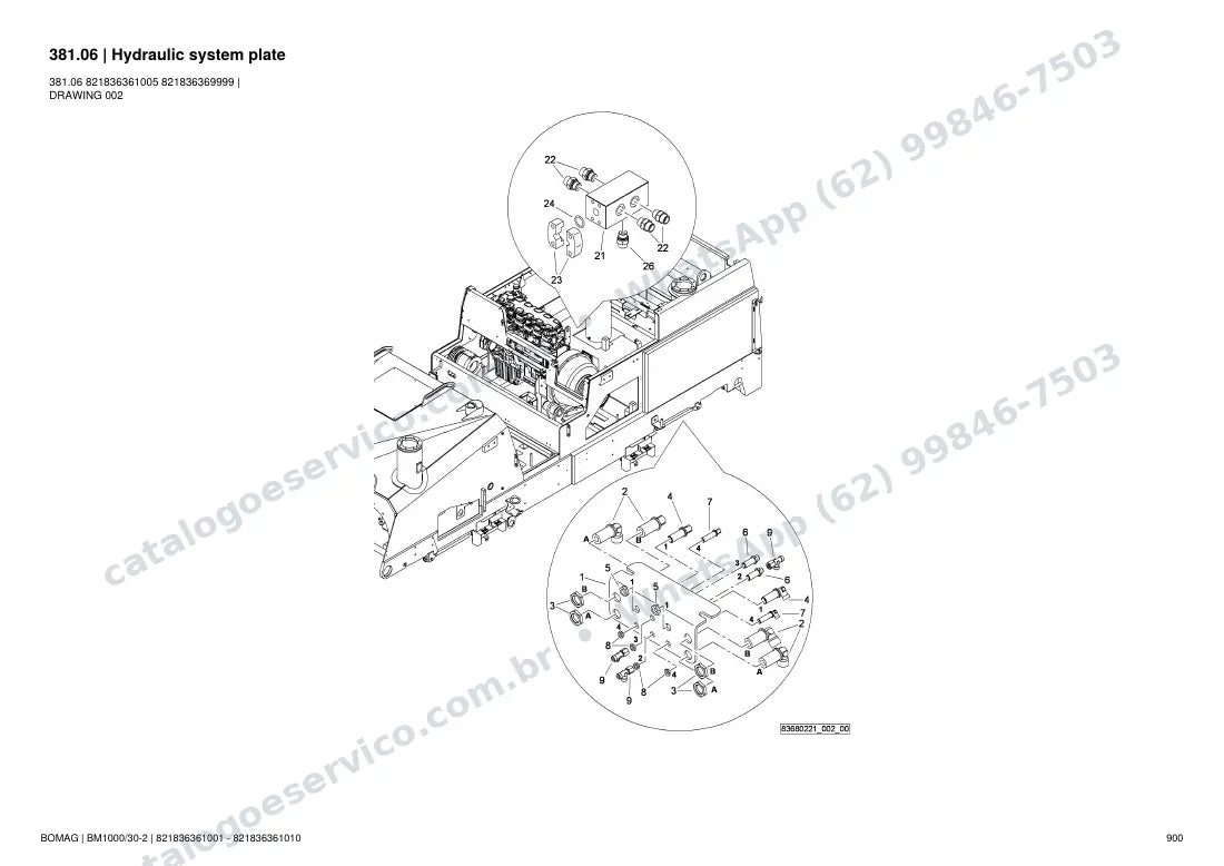 Catálogo de peças Bomag BM 1000/30-2: vista explodida do conjunto 381.06 Hydraulic system plate