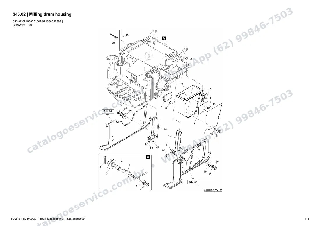 Catálogo de peças Bomag BM 1000/30 Tier3: vista explodida do conjunto 345.02 Milling drum housing