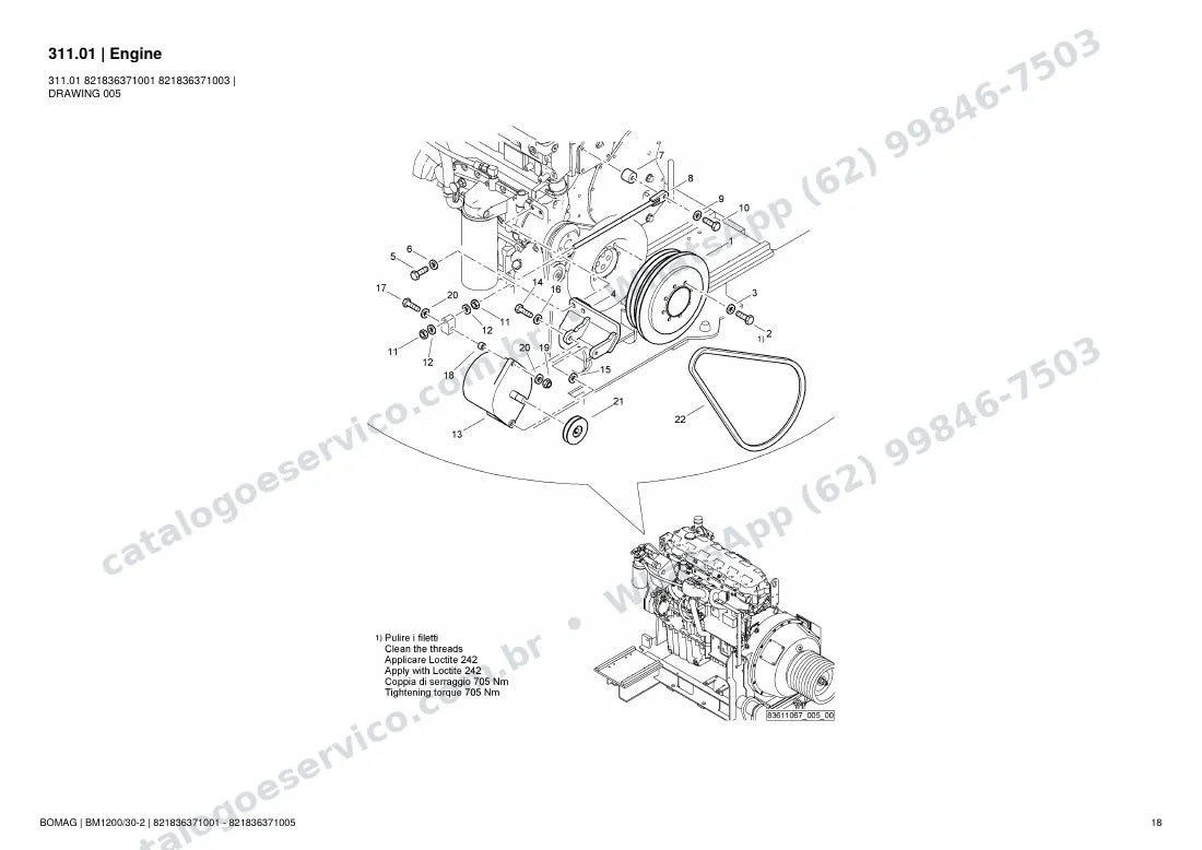Catálogo de peças Bomag BM 1200/30-2: vista explodida do conjunto 311.01 Engine