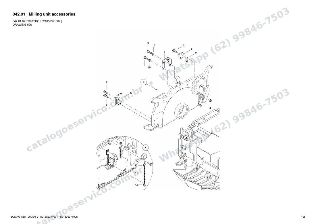 Catálogo de peças Bomag BM 1200/30-2: vista explodida do conjunto 342.01 Milling unit accessories