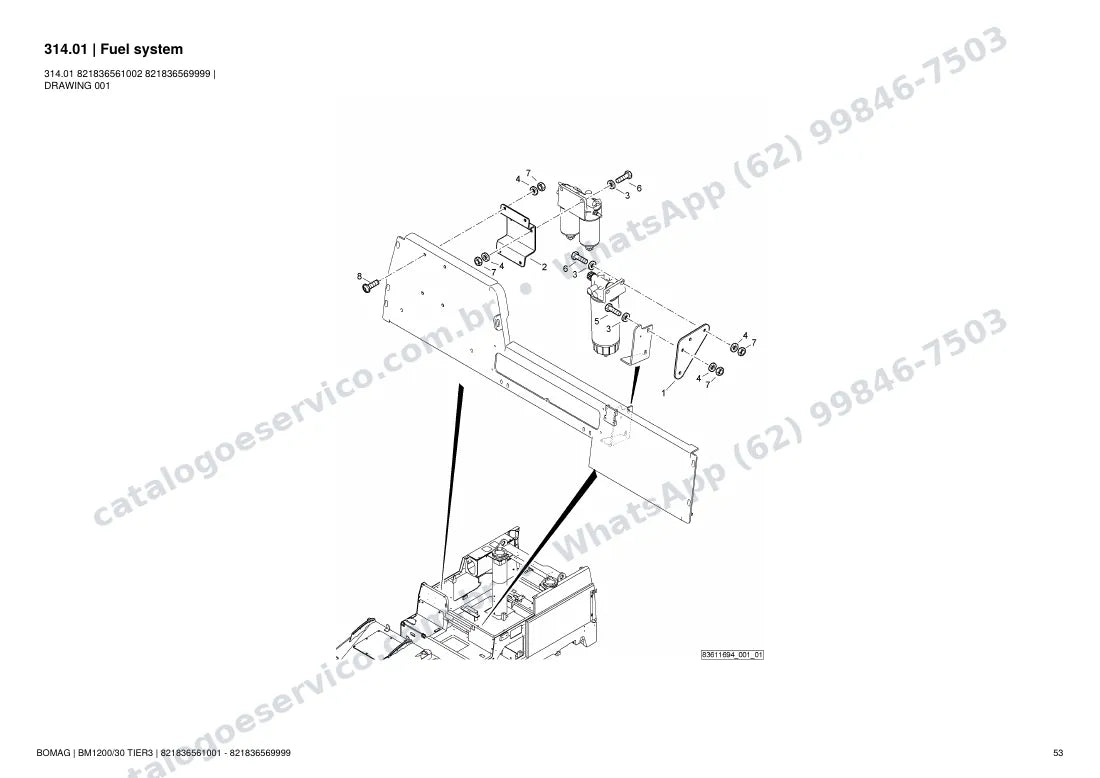 Catálogo de peças Bomag BM 1200/30 Tier3: vista explodida do conjunto 314.01 Fuel system