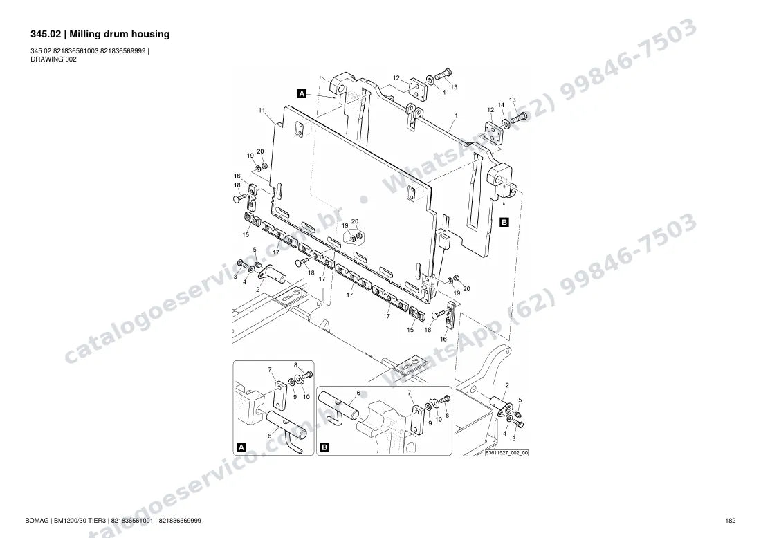 Catálogo de peças Bomag BM 1200/30 Tier3: vista explodida do conjunto 345.02 Milling drum housing