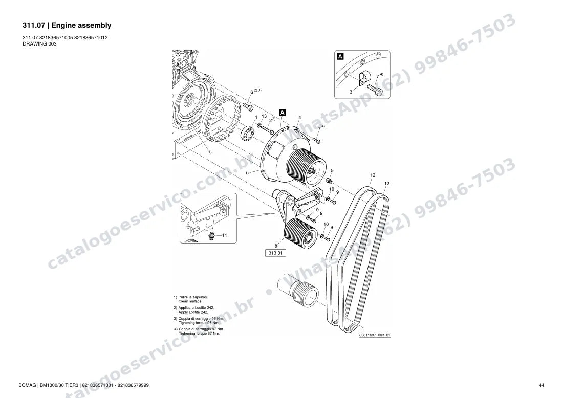 Catálogo de peças Bomag BM 1300/30 Tier3: vista explodida do conjunto 311.07 Engine assembly