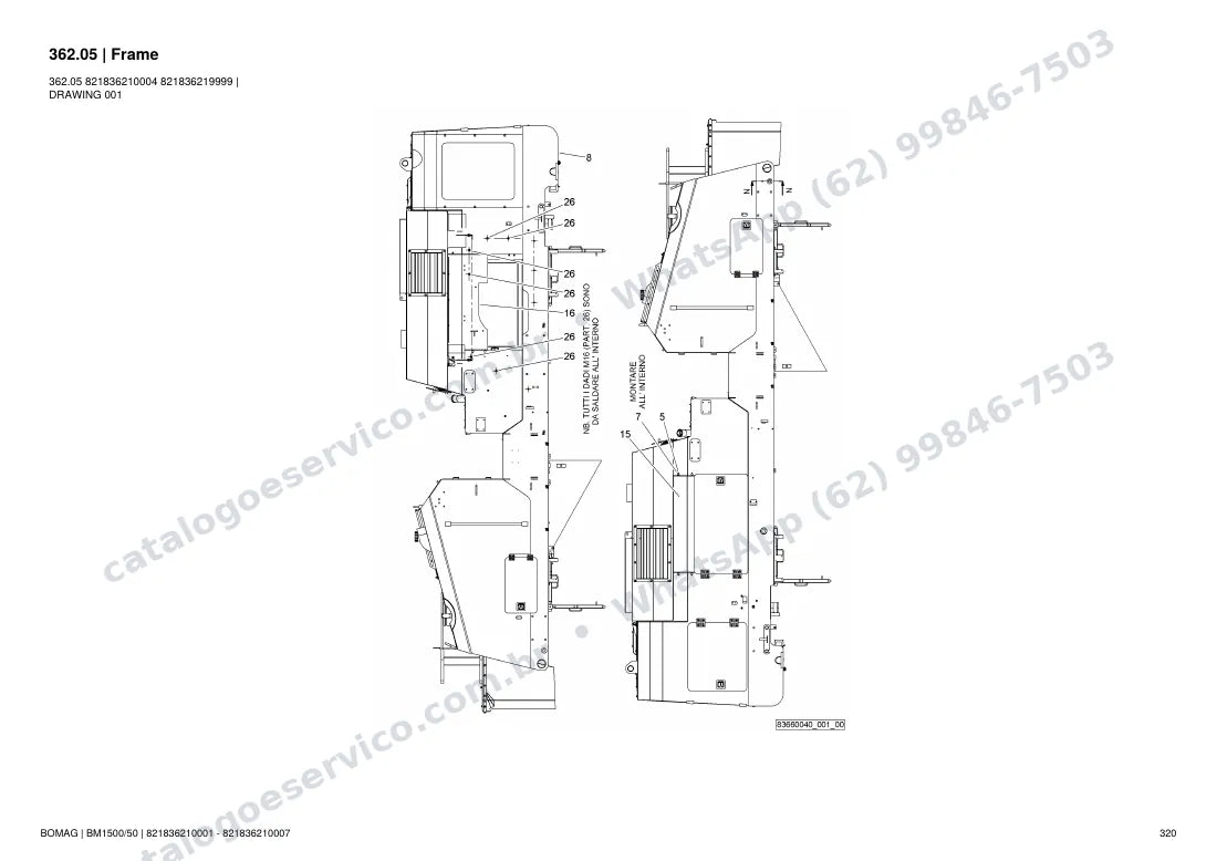 Catálogo de peças Bomag BM 1500/50: vista explodida do conjunto 362.05 Frame