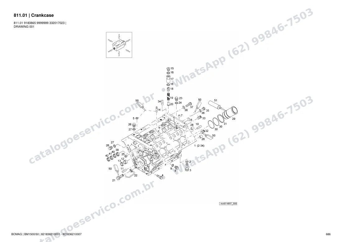 Catálogo de peças Bomag BM 1500/50: vista explodida do conjunto 811.01 Crankcase
