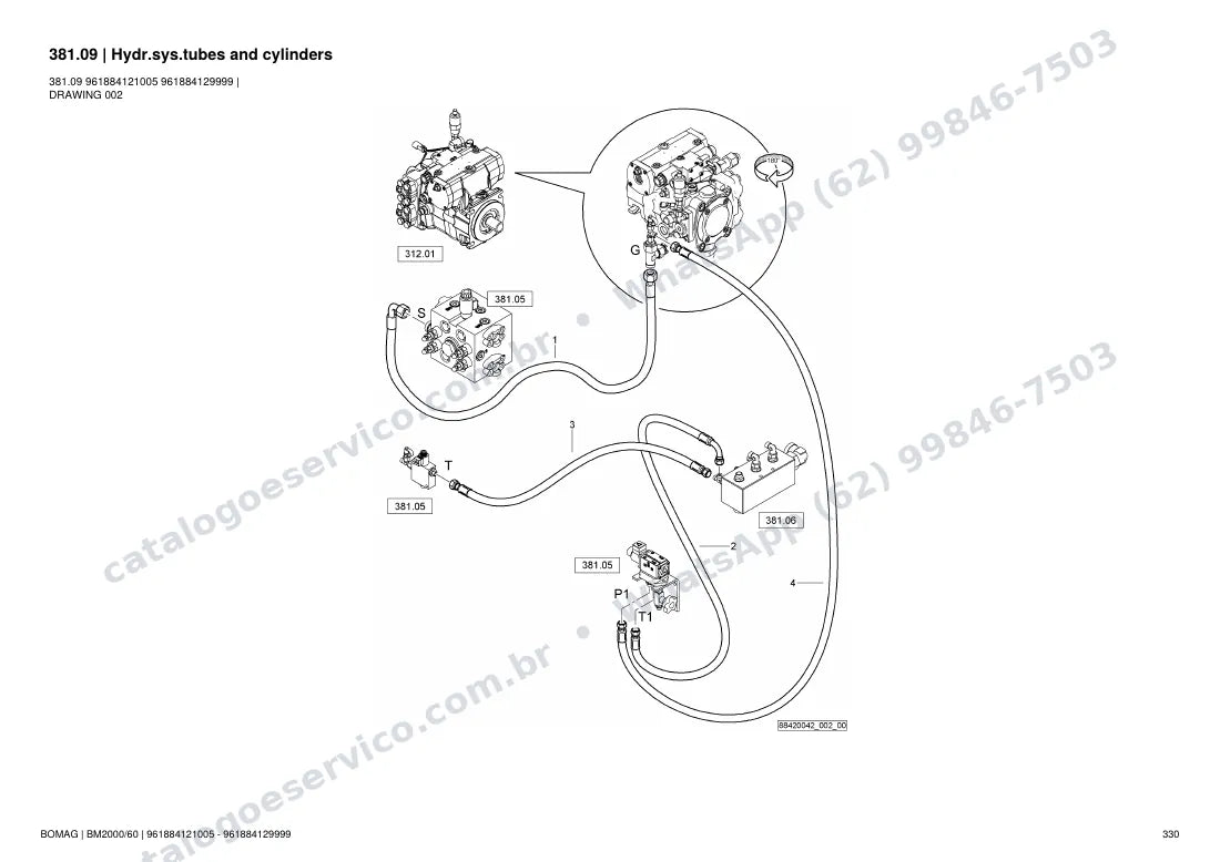 Catálogo de peças Bomag BM 2000/60: vista explodida do conjunto 381.09 Hydr.sys.tubes and cylinders