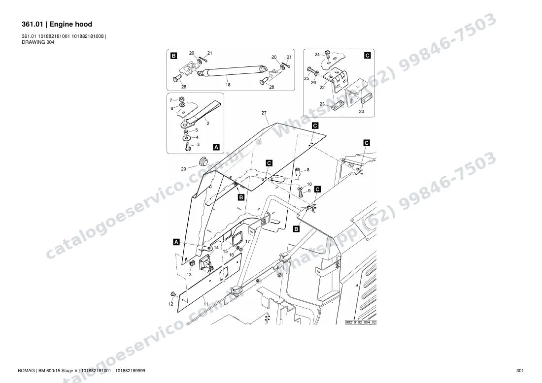 Catálogo de peças Bomag BM 600/15 Stage V: vista explodida do conjunto 361.01 Engine hood