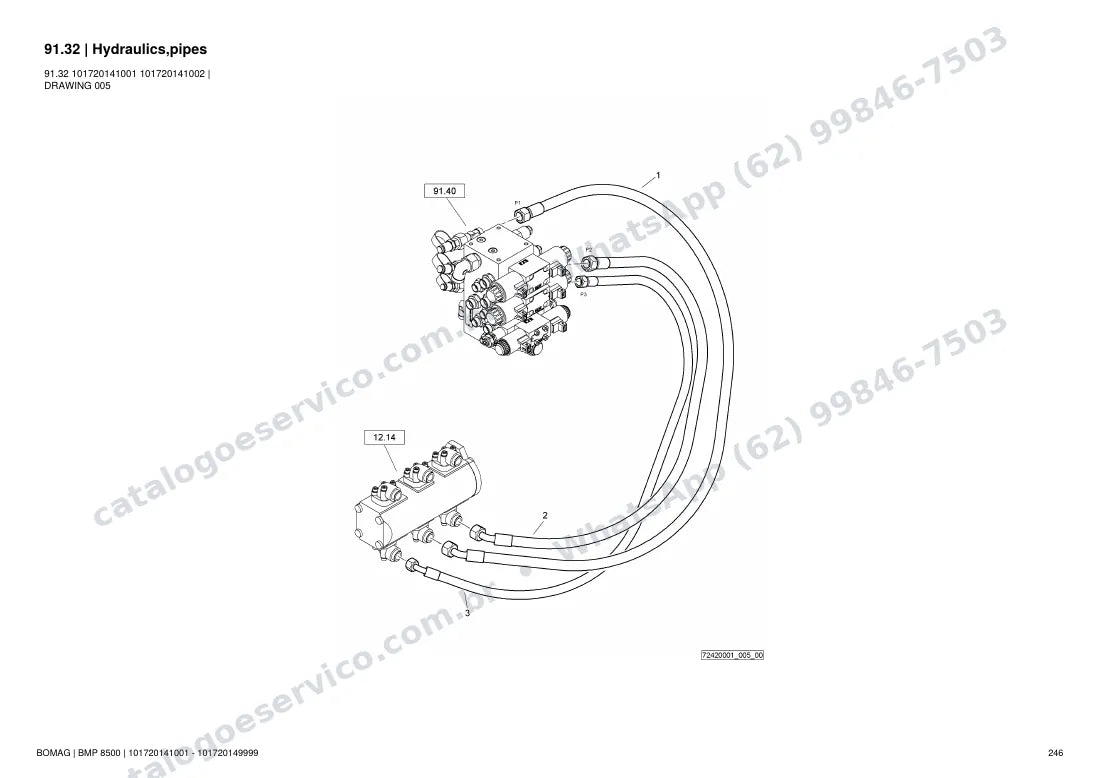 Catálogo de peças Bomag BMP 8500: vista explodida do conjunto 91.32 Hydraulics,pipes