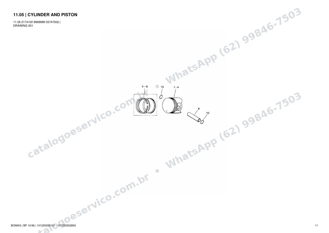 Catálogo de peças Bomag BP 10/36: vista explodida do conjunto 11.05 CYLINDER AND PISTON