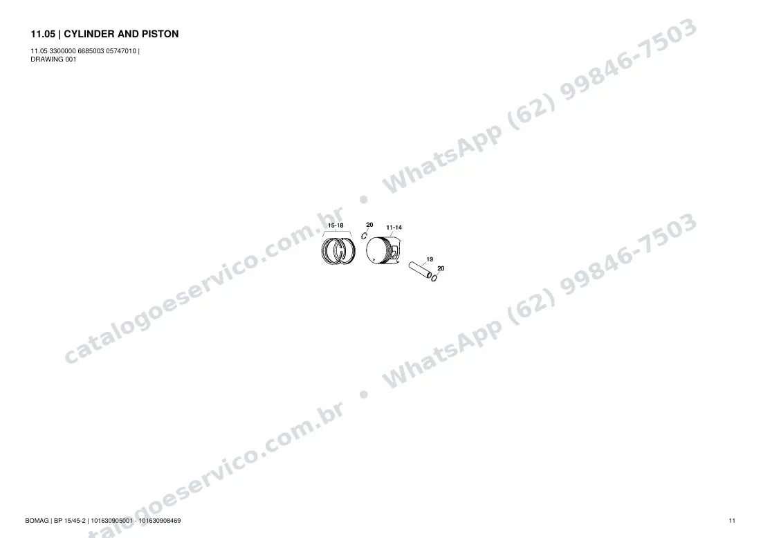 Catálogo de peças Bomag BP 15/45-2: vista explodida do conjunto 11.05 CYLINDER AND PISTON
