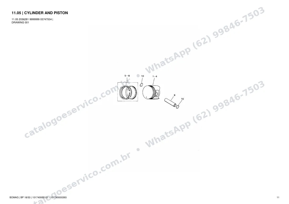 Catálogo de peças Bomag BP 18/53: vista explodida do conjunto 11.05 CYLINDER AND PISTON