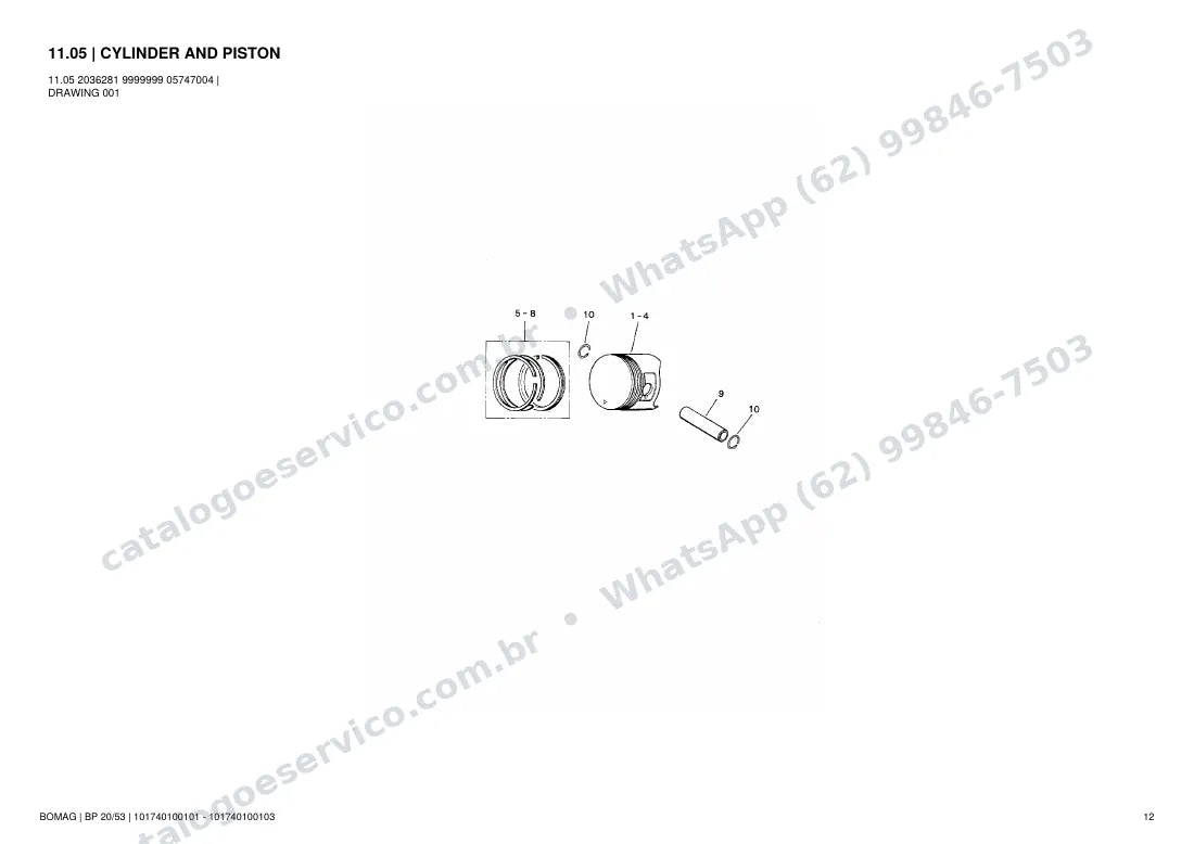 Catálogo de peças Bomag BP 20/53: vista explodida do conjunto 11.05 CYLINDER AND PISTON