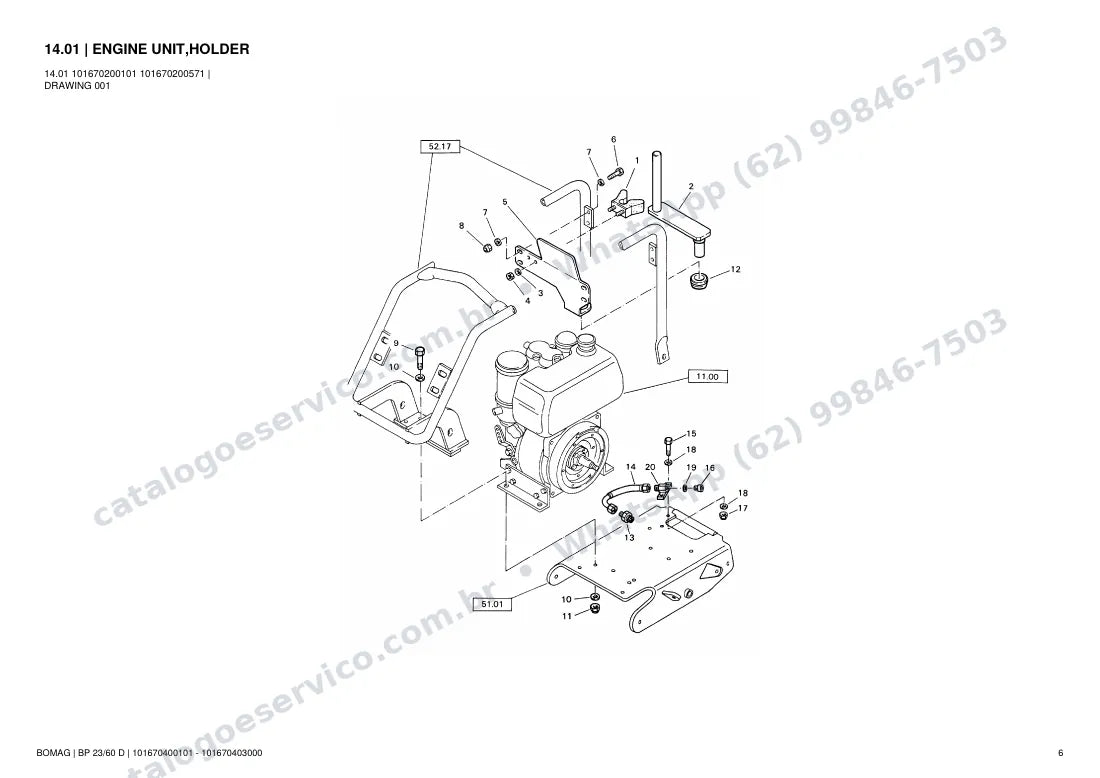 Catálogo de peças Bomag BP 23/60 D: vista explodida do conjunto 14.01 ENGINE UNIT,HOLDER