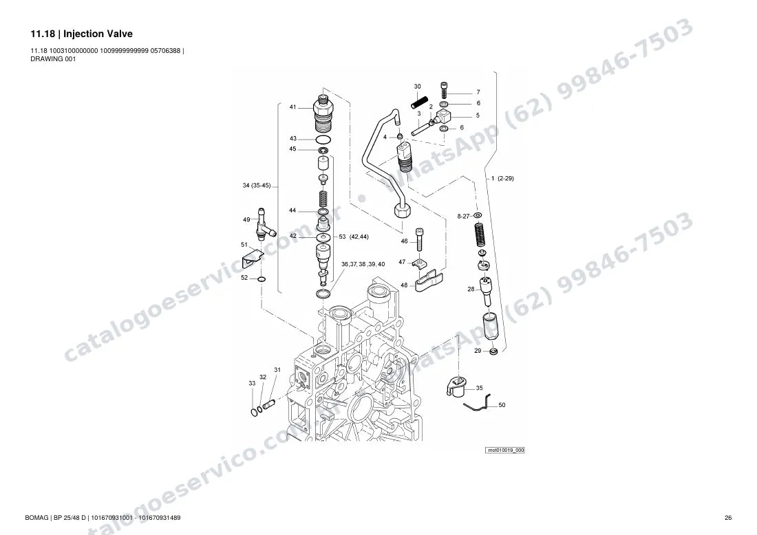Catálogo de peças Bomag BP 25/48 D: vista explodida do conjunto 11.18 Injection Valve