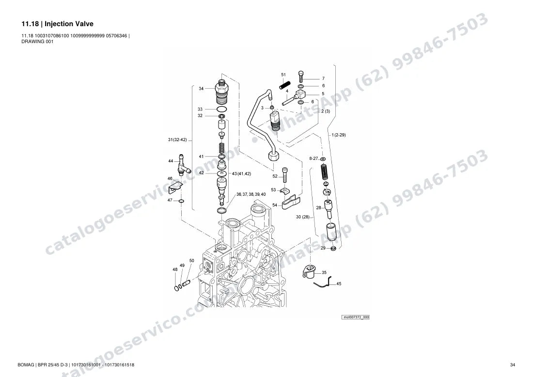 Catálogo de peças Bomag BPR 25/45 D-3: vista explodida do conjunto 11.18 Injection Valve