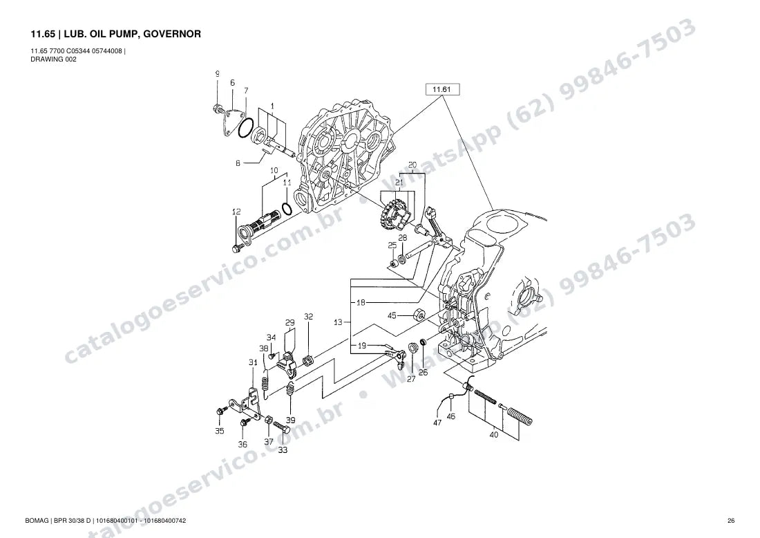 Catálogo de peças Bomag BPR 30/38 D: vista explodida do conjunto 11.65 LUB. OIL PUMP, GOVERNOR