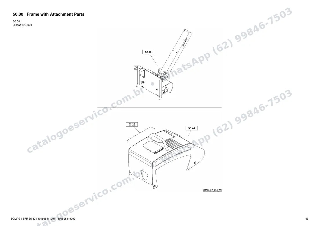 Catálogo de peças Bomag BPR 35/42: vista explodida do conjunto 50.00 Frame with Attachment Parts
