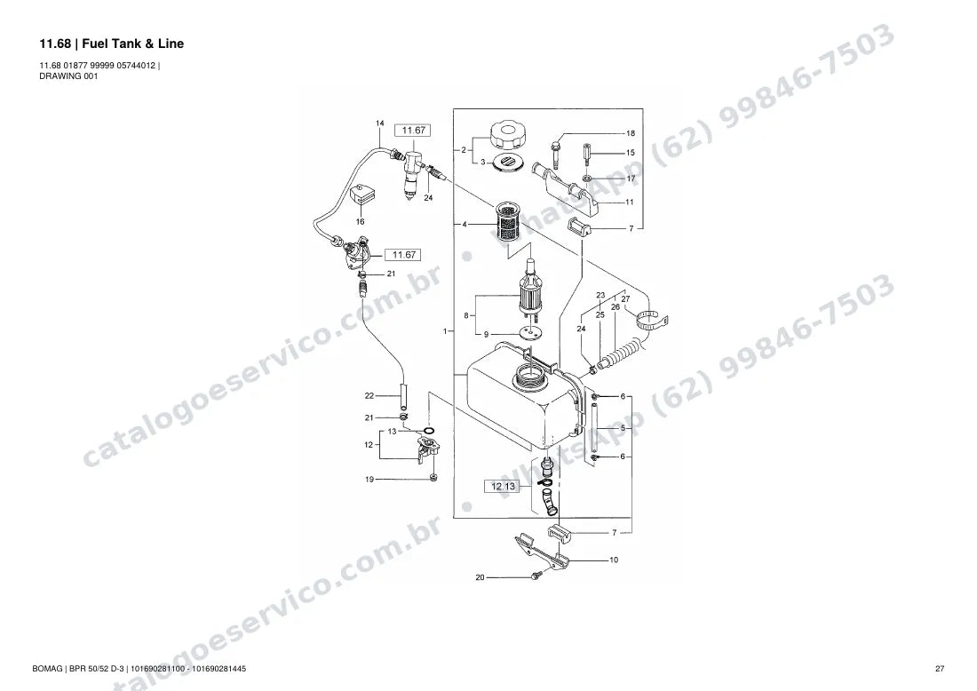 Catálogo de peças Bomag BPR 50/52 D-3: vista explodida do conjunto 11.68 Fuel Tank & Line