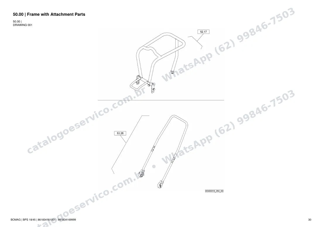 Catálogo de peças Bomag BPS 18/45: vista explodida do conjunto 50.00 Frame with Attachment Parts